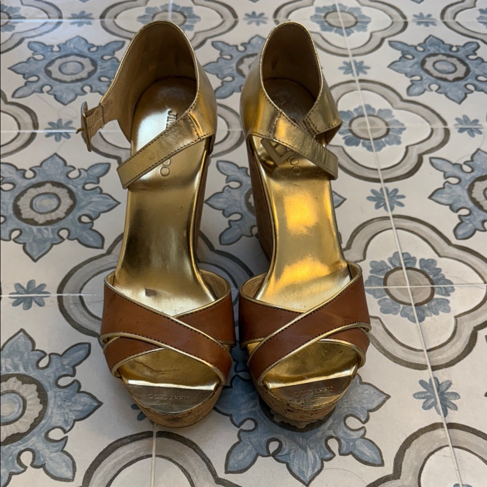 Jimmy Choo Gold and Tan Wedge Sandals 38.5